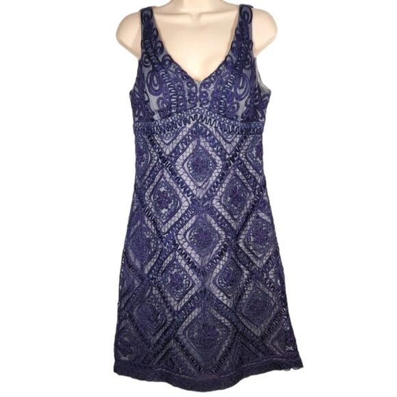 Adrianna Papell Dress Short Sleeveless‎ Blue Embroidered Lace Fit Empire Waist 8 - Picture 1 of 14